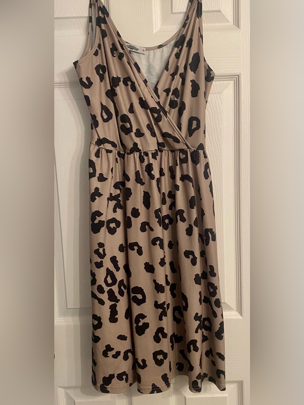 Sleeveless Leopard Print Wrap-Front Midi Dress in Taupe & Black